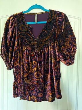 Anthropologie Velvet Paisley Blouse in Purple and Gold